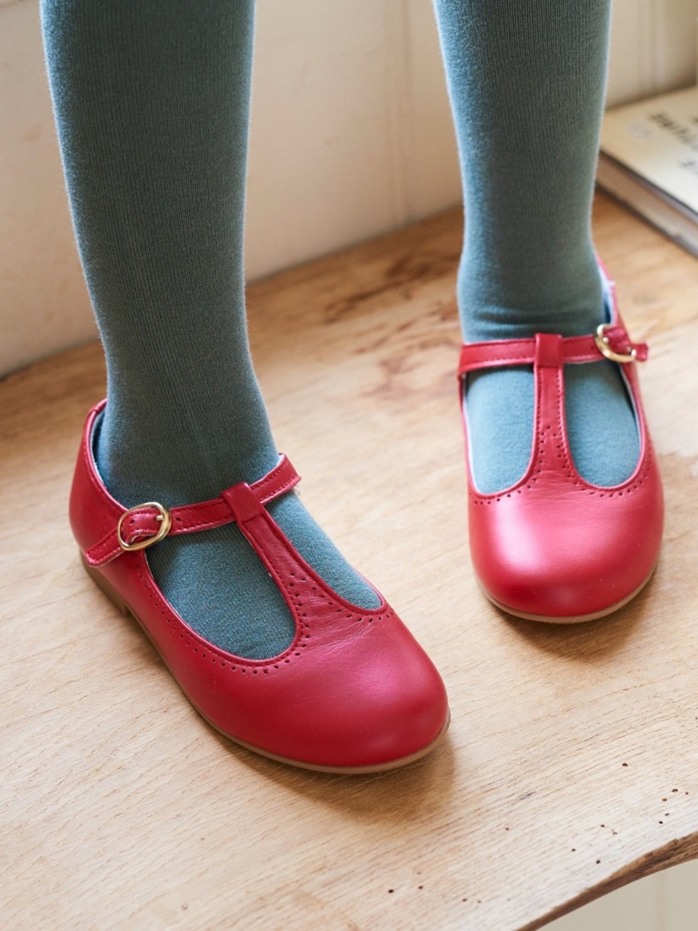 La Coqueta Red Leather T-Bar Mary Jane Shoes EU 27 US 10